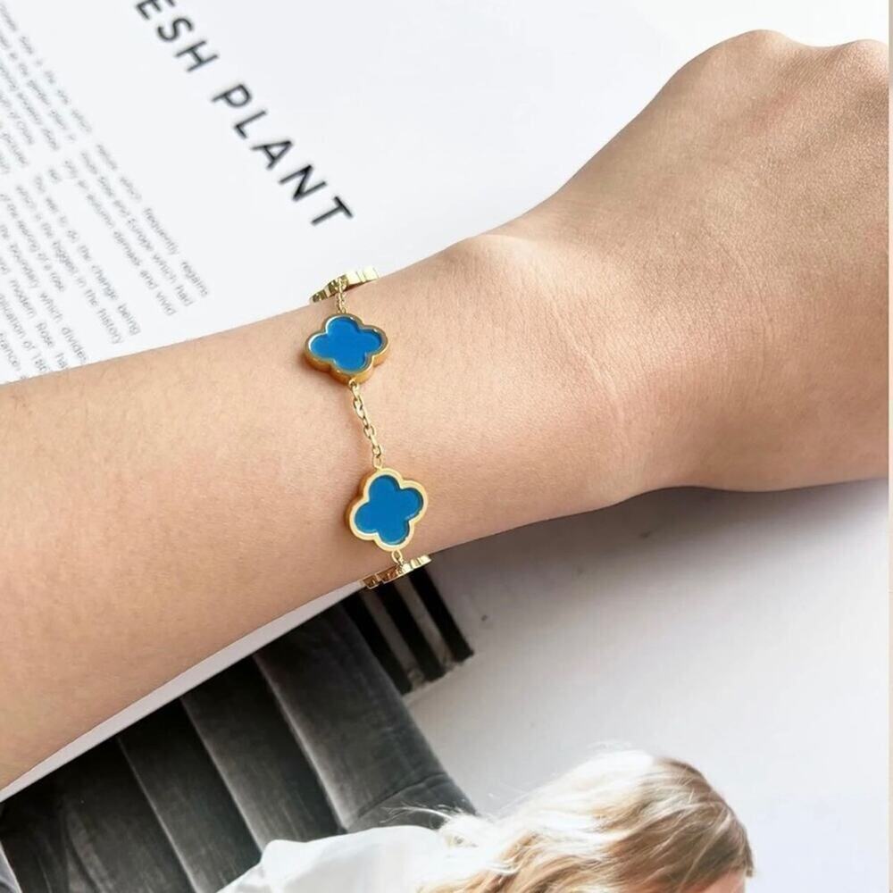 18K Gold Plated Blue Clover Four Leaf Bracelet